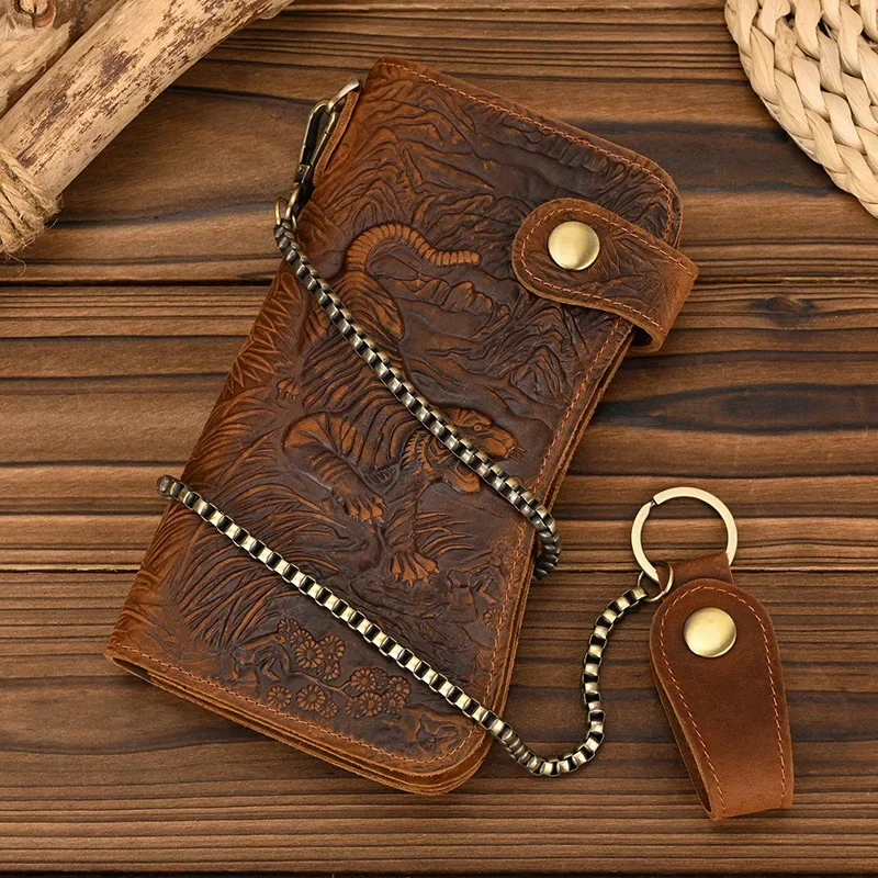 Men's Vintage Crazy Horse Leather Chain Wallet Genuine Leather Bifold Long Wallet Snap Card Holder Purse Zipper Coin Rfid Pocket