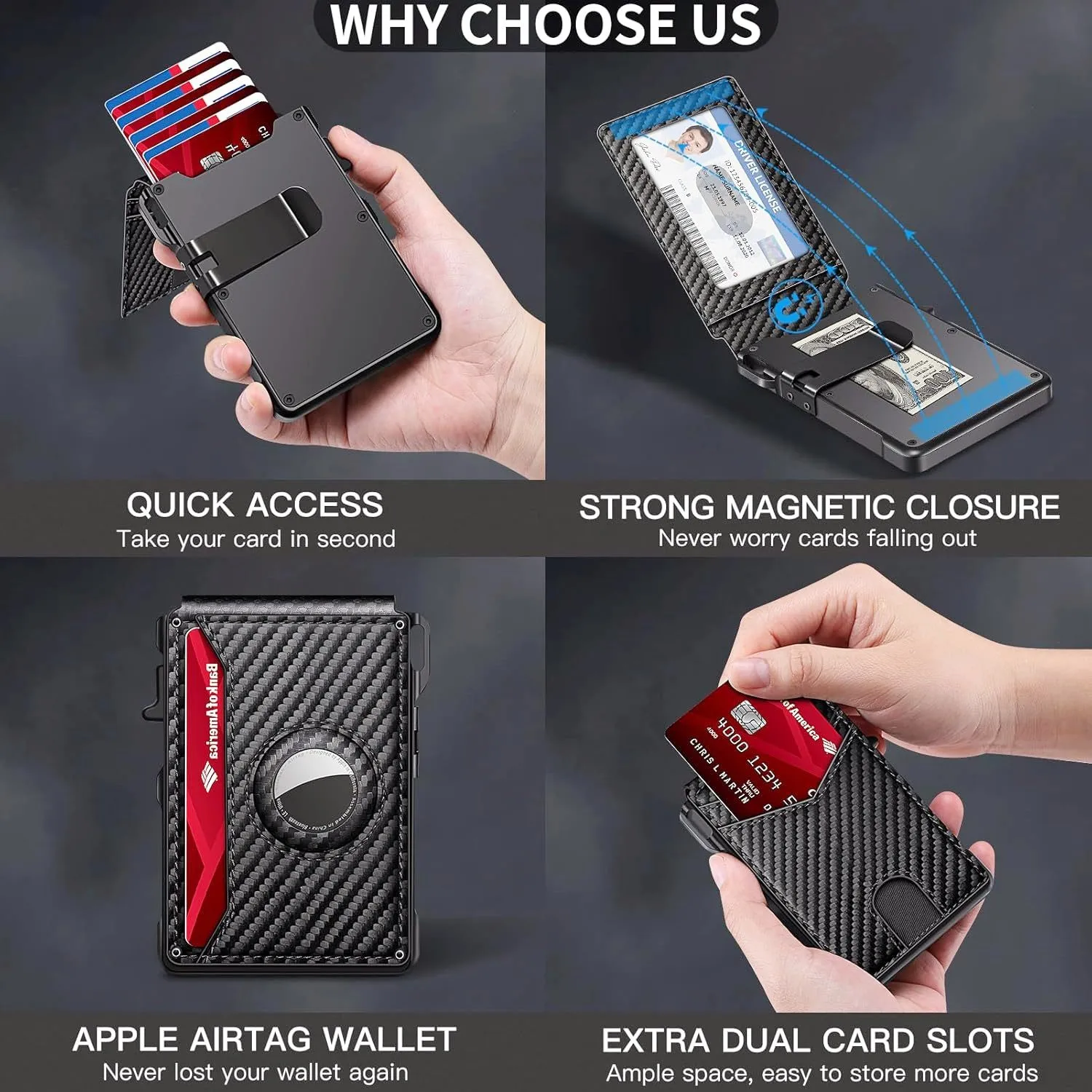 Men's Slim RFID Bifold Leather Wallet Pop-Up Aluminum Money Clip Card Holder Minimalist Stylish Secure