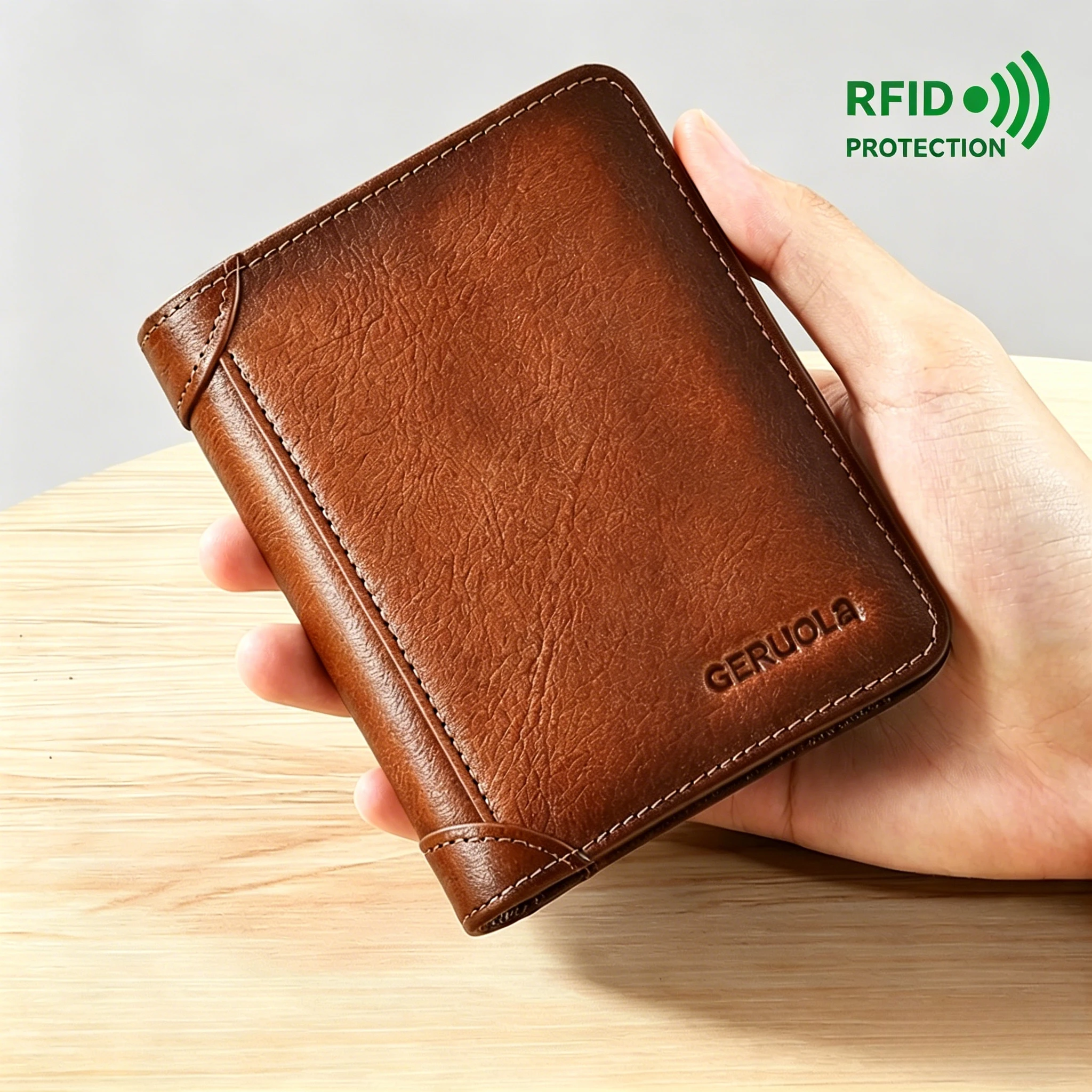 Genuine Leather Men's Wallets RFID Blocking Trifold Business Short Purse Wallet for Men with ID Window and Credit Card Holder