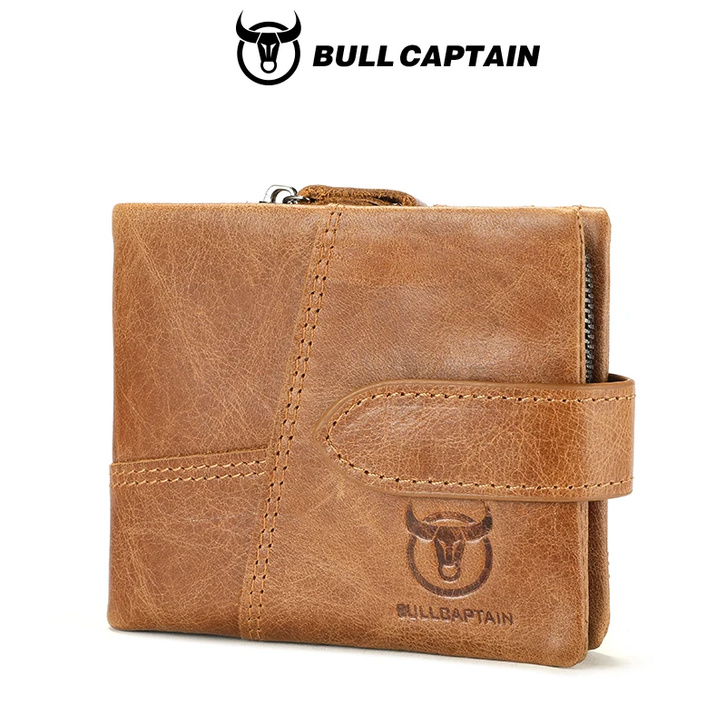 BULLCAPTAIN Leather Wallet With RFID Wallets Card Holder Coin Purse Zipper Men Short Wallet's Fashion Men Wallets Coffee 01H