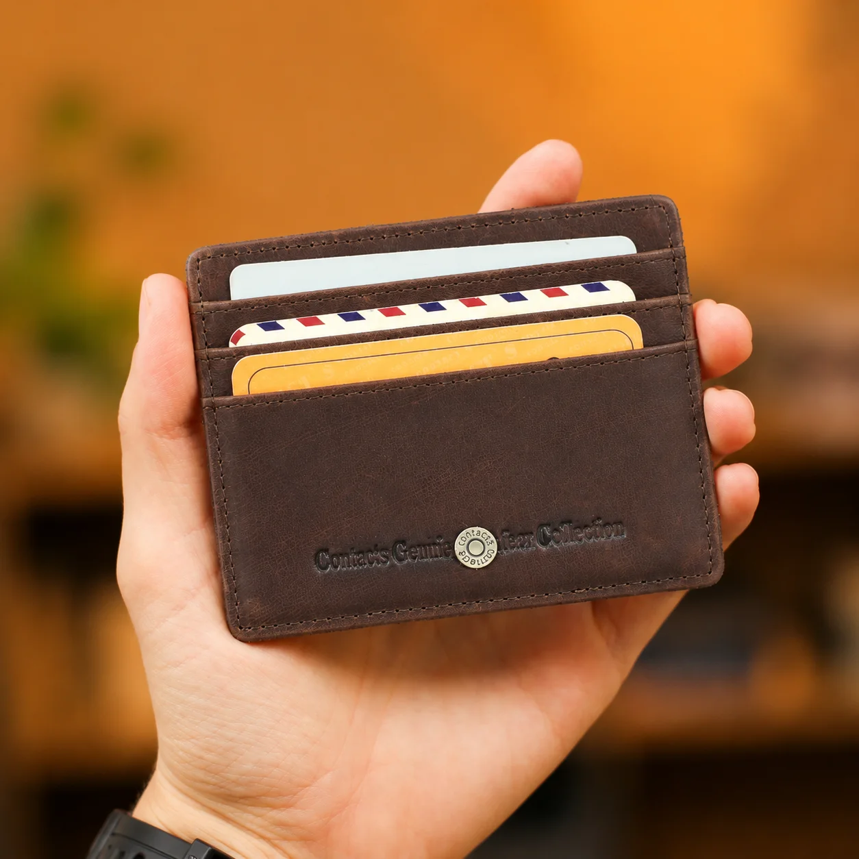 CONTACT'S Man's Wallets Genuine Leather Slim Wallets RFID Card Holder Money Clip Ultra Thin Small Mini Wallets for Men Gift