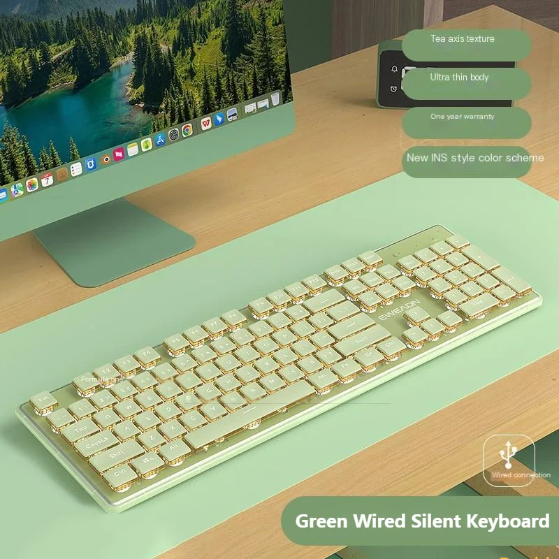 V3 Ultra Slim Silent Wired Keyboard Green Mechanical Touch Computer Female Office Keyboard Gaming Mute Ergonomics for Girls Gift