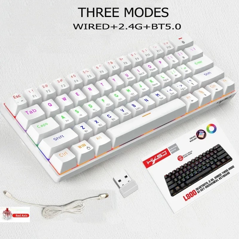 Bluetooth 2.4g echanical wireless keyboard 60% ergonomic 61-Key Gamer keyboards Gaming Computer key board white Backlit claviers