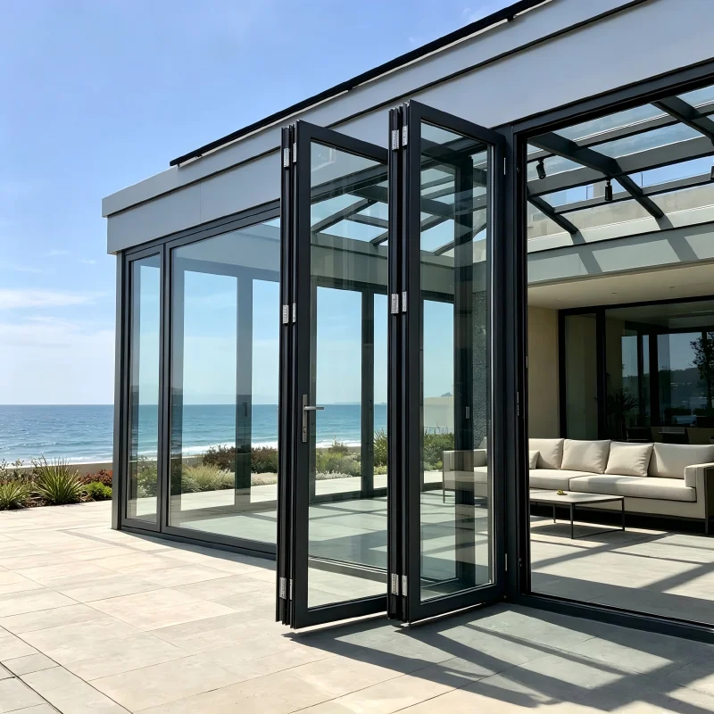 Customized Size Aluminum Glass Folding Door, Sound Heat Insulated Multi-Panel Space-Saving Indoor Outdoor Accordion Sliding Door