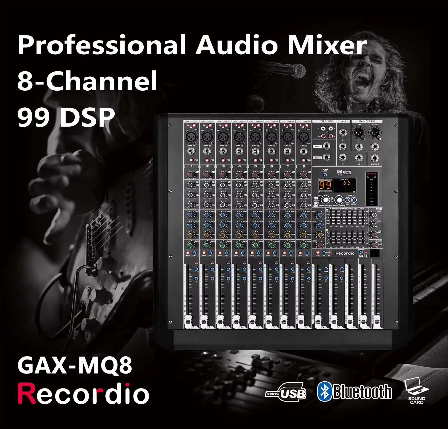 Professional GAX-MQ8 800W*2 Stereo 8-channel Stage Mixer With 99 DSP 7-Segment Equalizer Power Amplifier Mixer