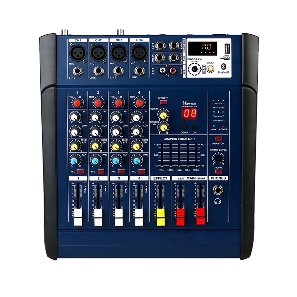 4 Channels 800W Audio Mixer Mixing Console With Power Amplifier USB 48V Phantom Noise Reduction
