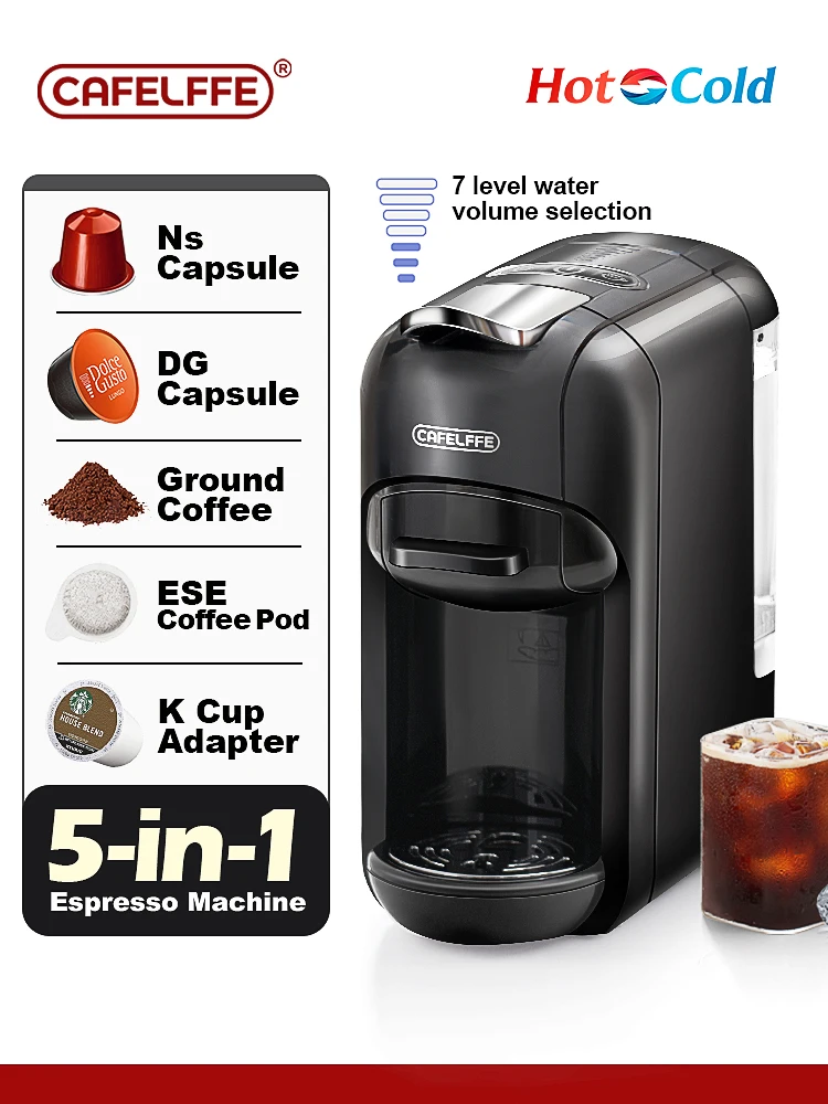 Cafelffe 5 in 1 Multiple Capsule Coffee Machine Hot/Cold DG Cappuccino Nespresso Capsule ESE Pod Ground Coffee Cafeteria 19Bar