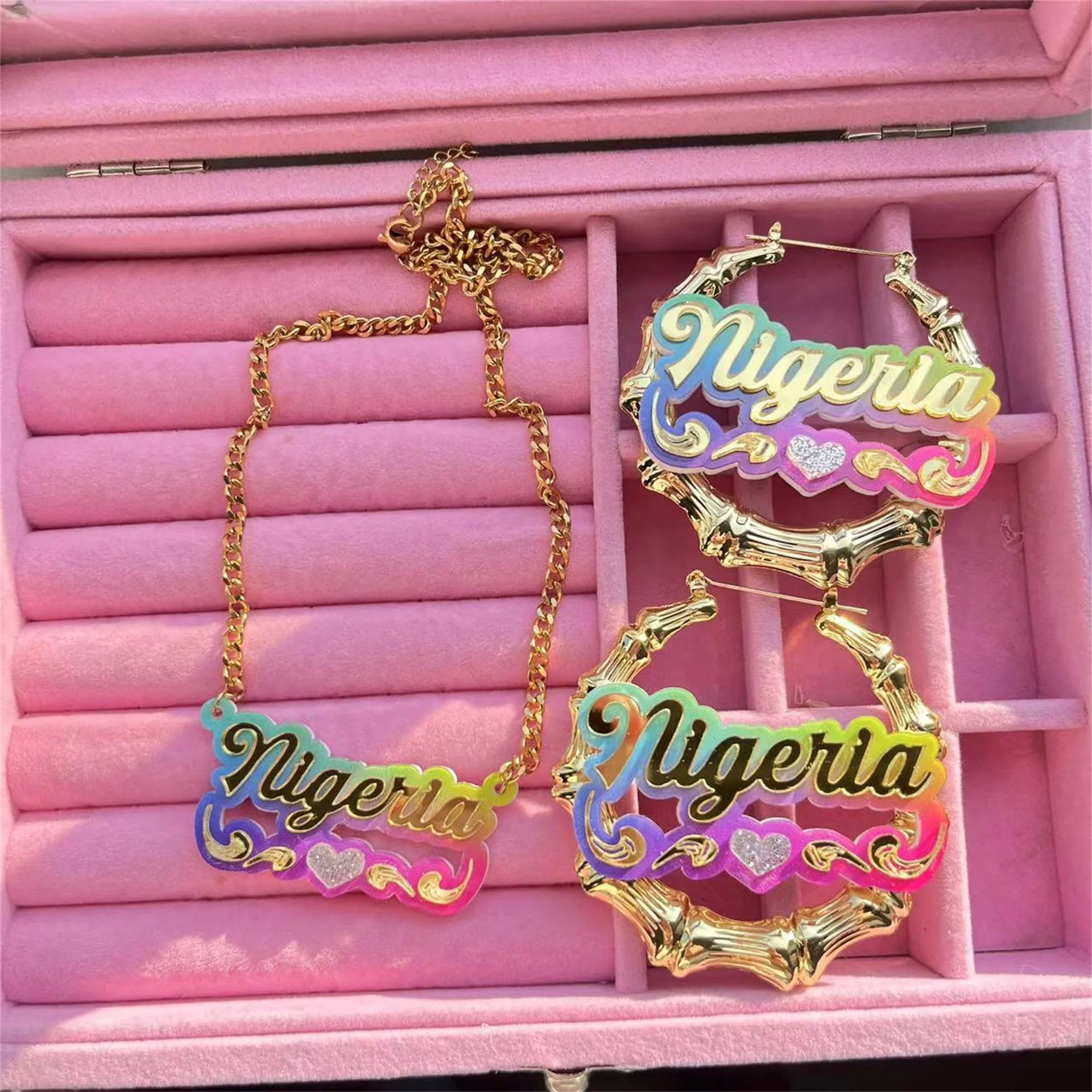 Customized Rainbow Name Earrings Necklace Set Personalized Acrylic Bamboo Earrings For Women Custom Nameplate Earrings Jewelry