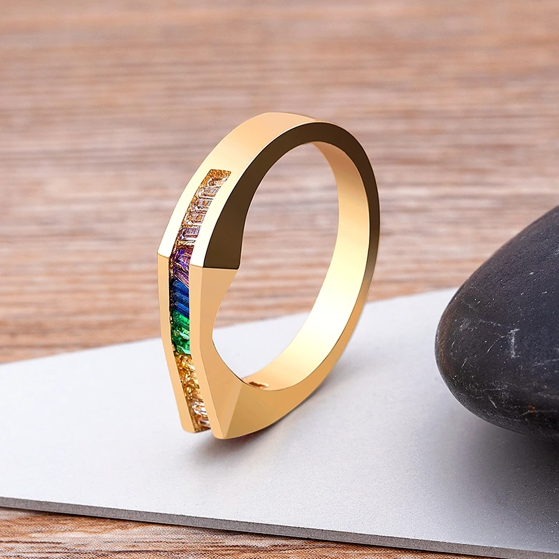 Nidin New Design Geometric Rainbow CZ Crystal Rings Women Fashion Copper Cubic Zirconia Stone Ring Female Wedding Party Jewelry