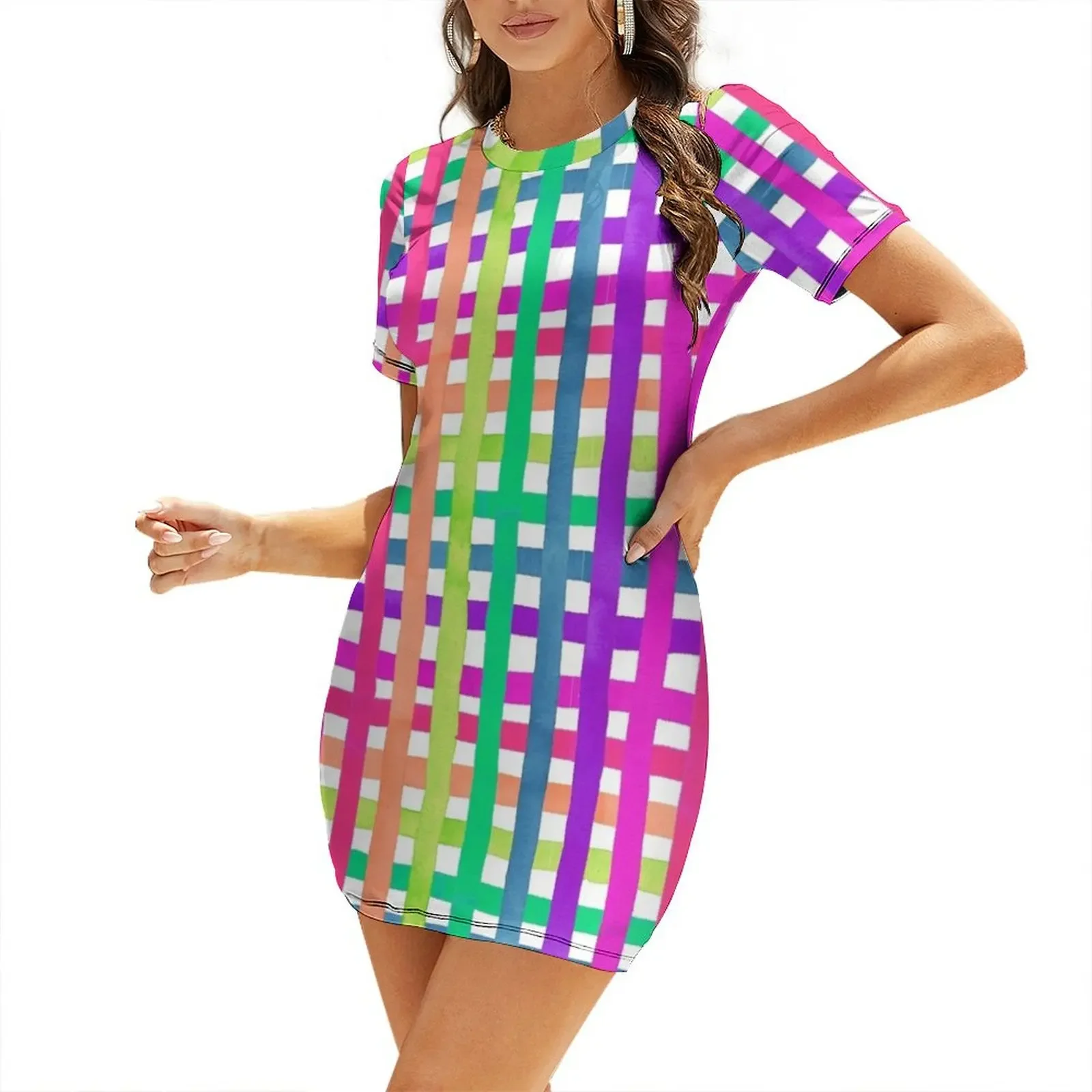 Neon rainbow watercolour stripe gingham pattern Short-Sleeved Dress sexy short dresses daring cute dress Dress