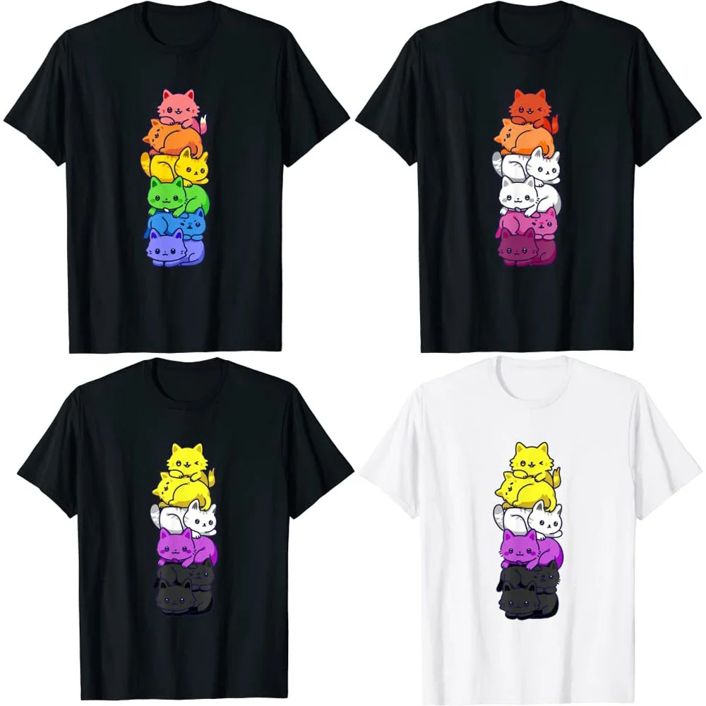 Nonbinary Proud Anime Rainbow Cat LGBT T-Shirt Gay Pride Lesbian Flag Cute Kawaii Cats Pile Tee Tops Lgbtq Gift Aesthetic Outfit