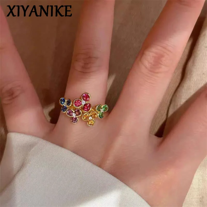 XIYANIKE Sweet Cool Rainbow Zircon Flower Adjustable Finger Rings For Women Girl Fashion New Jewelry Gift Party Holiday Kольцо