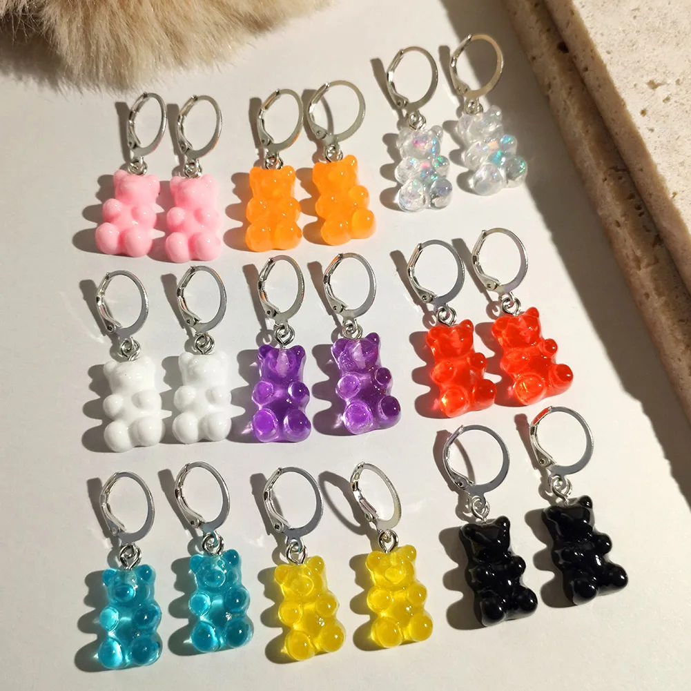Flatfoosie Rainbow Color Resin Gummy Bear Hoop Earrings for Women Fashion Cute Cartoon Animal Circle Huggies Earrings Jewelry