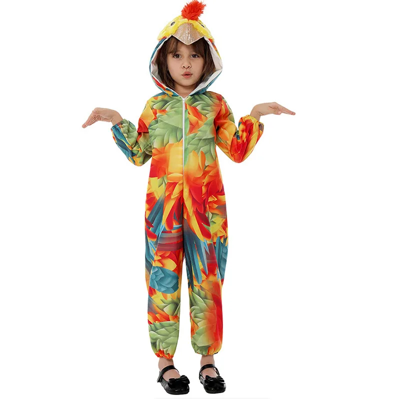 Cute Bird Animal Carnival Niño Talking Parrot Costume Rainbow Long Sleeve Hooded Jumpsuit Niños Parrots Fancy Dress Up