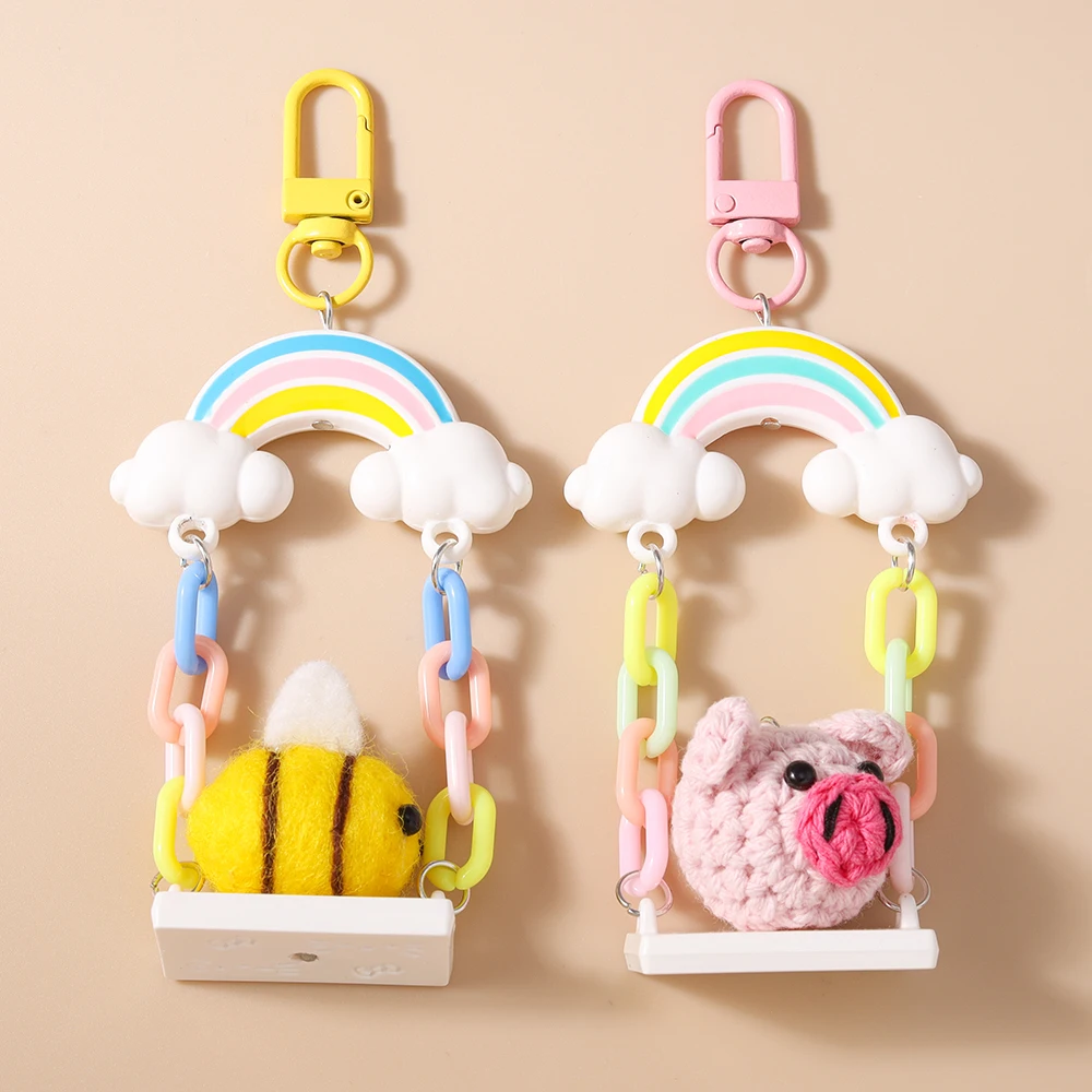 Cute Crocheted Animal Pig Bee Keychain Women Girls Cloud Rainbow Key Ring Pendant for Handbag Charms DIY Key Chain Jewelry Gift