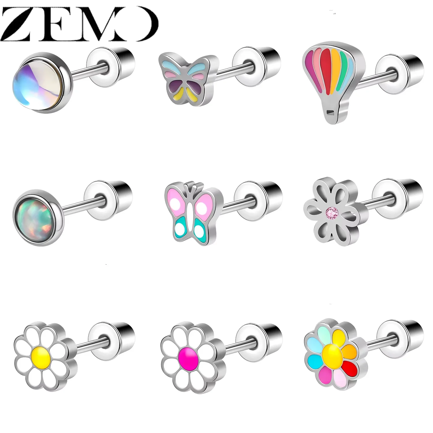 ZEMO 1 Piece 20G Colorful Flower Ear Studs Stainless Steel Women Girls Lovely Rainbow Stud Earrings Conch Tragus Helix Piercings
