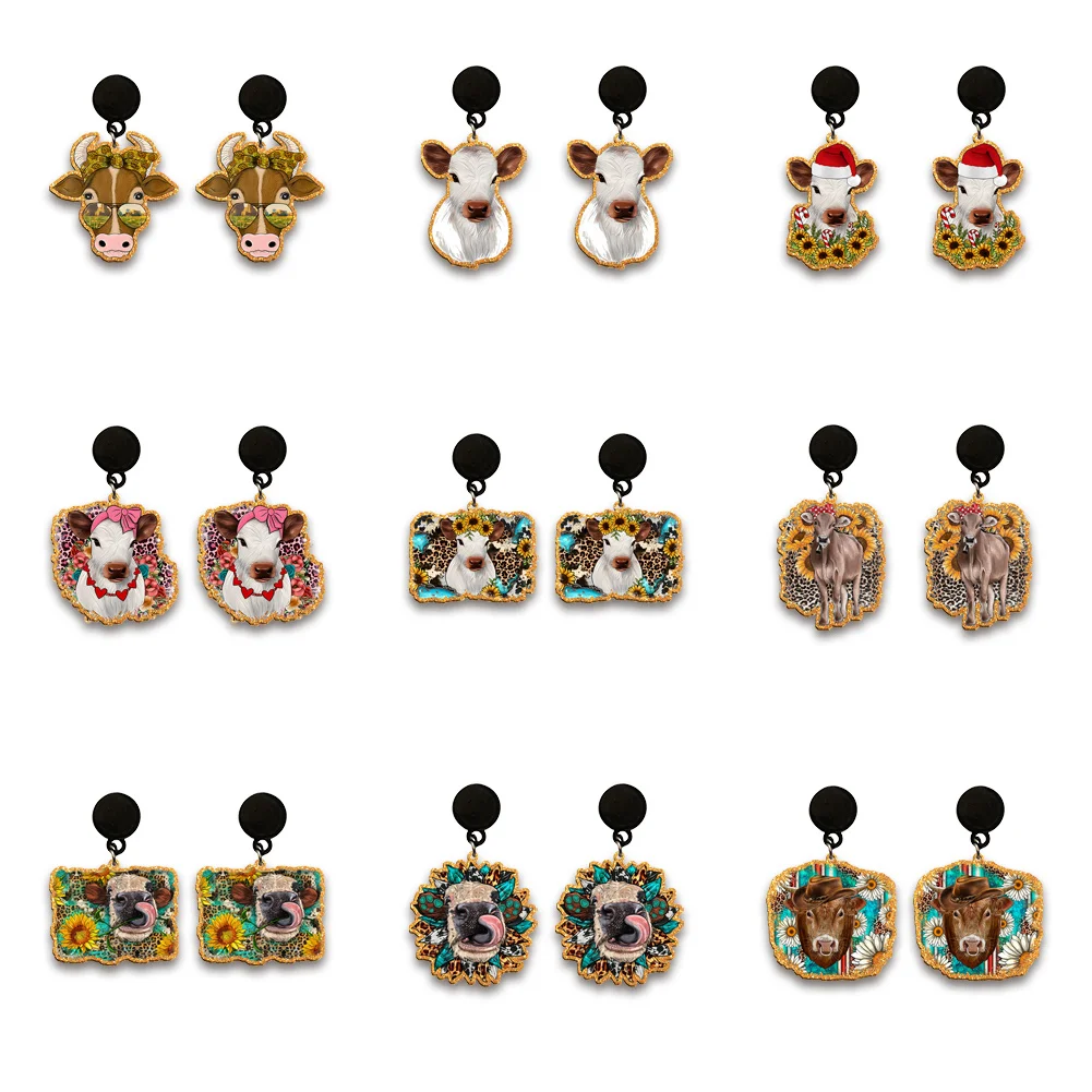 Cow Rainbow Flower Cute Chunky Glitter Acrylic Drop Earrings For Women Children Party Holiday Jewelry Decoration