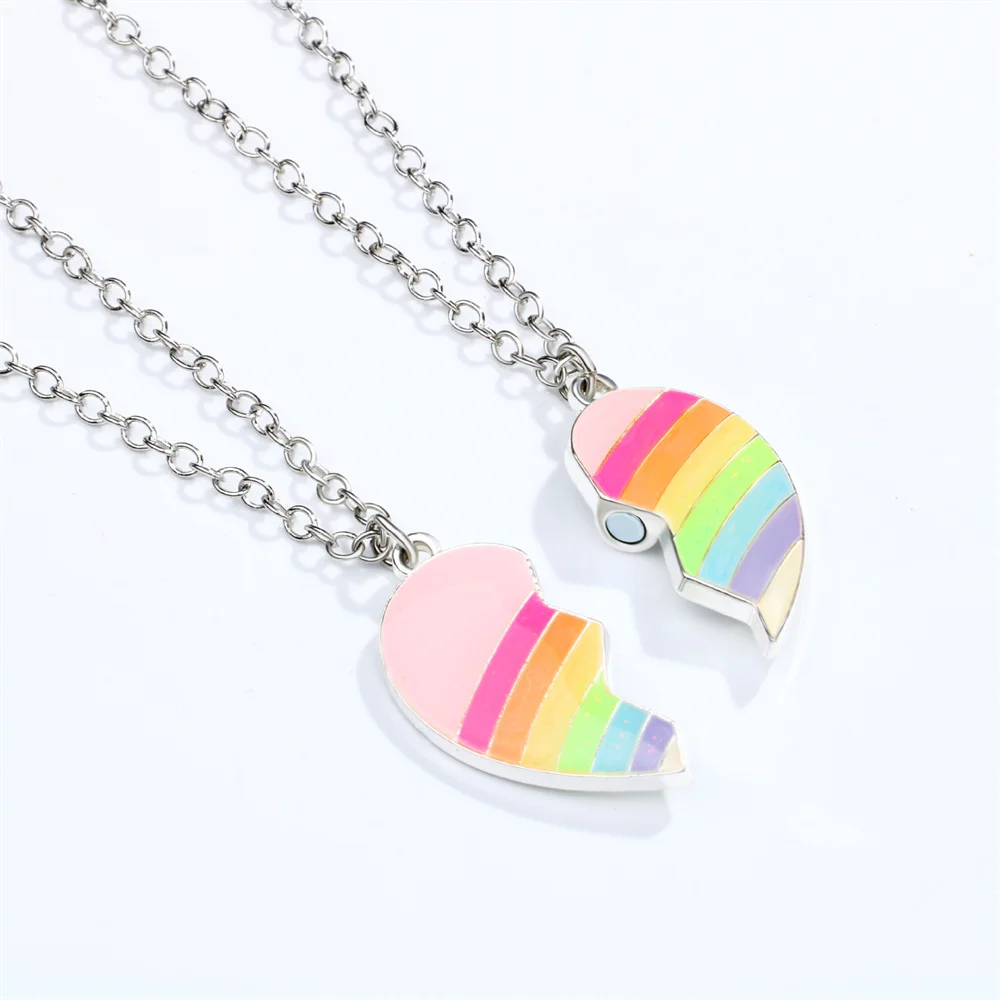 2Pcs/Set Rainbow Charms Necklace for Women Adjustable Chain Magnet DIY Heart Pendant Necklace BFF Best Friends Jewelry Gifts