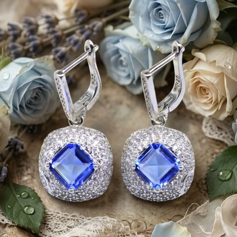 35x16mm Highly Recommend Blue Violet Tanzanite Fire Rainbow Mystic Topaz CZ Females Present Silver Dangle Earrings