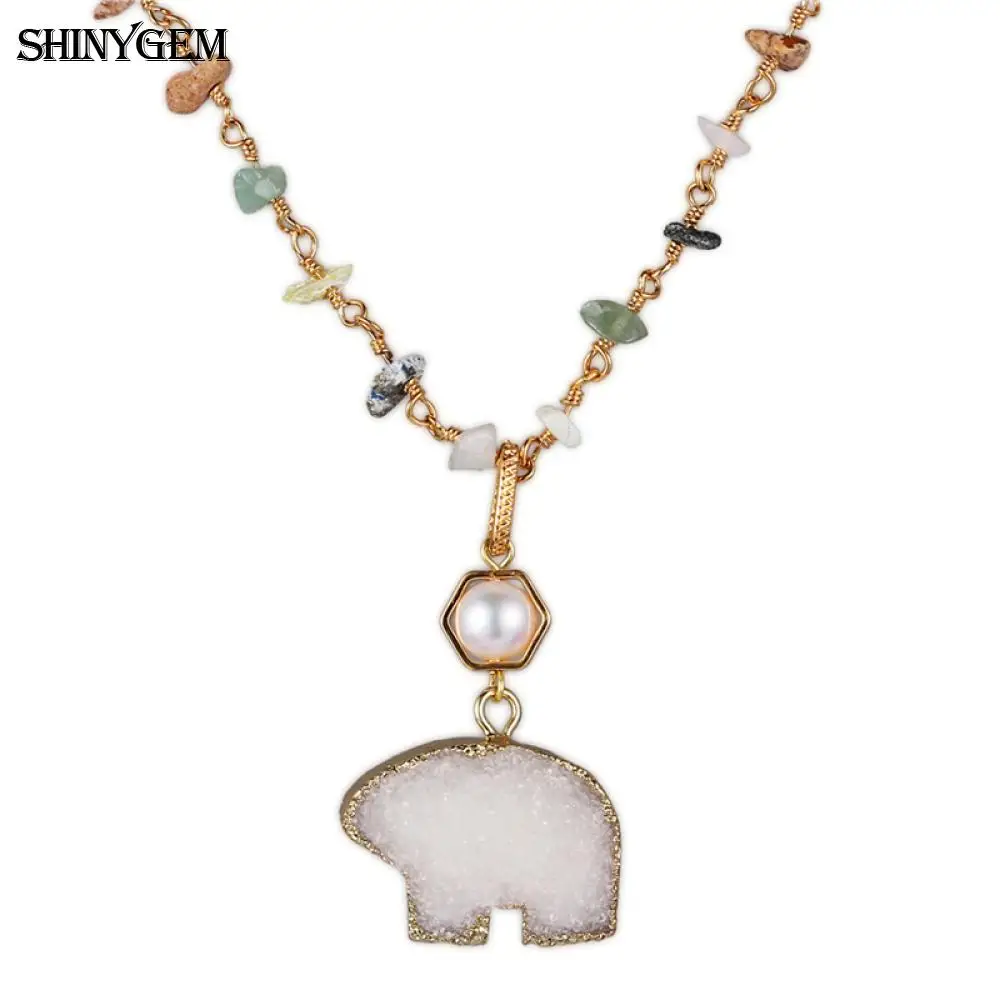 ShinyGem Cute White Polar Pendant Rainbow Gravel Stone Bead Chain Necklace Druzy Cartoon Bear Necklaces For Women