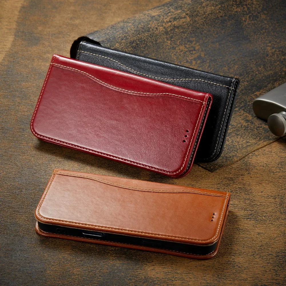 Solid Color Genuine Leather Magnetic Flip Cover for iPhone 17 Air 16 15 14 Plus 13 12 Mini 11 Pro Max with Soft Protective Case