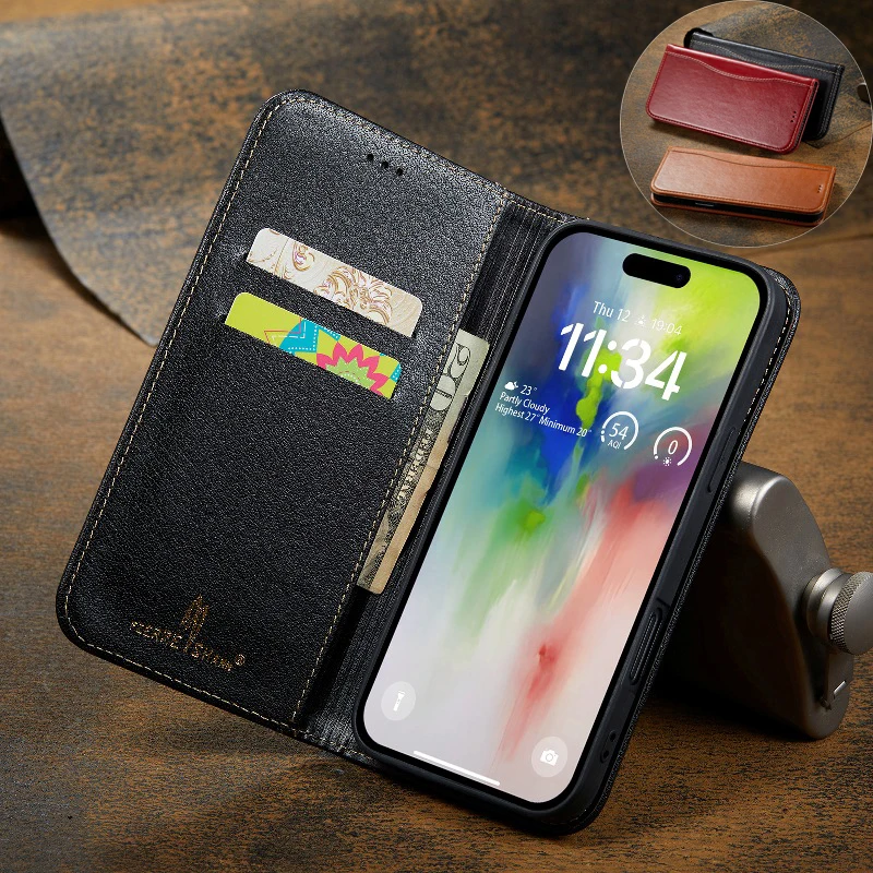 Flip Genuine Leather Phone Cover For iPhone 16 Pro Max 15 Plus 14 13 Mini 12 11 Pro With Wallet Card Slots Protective Case