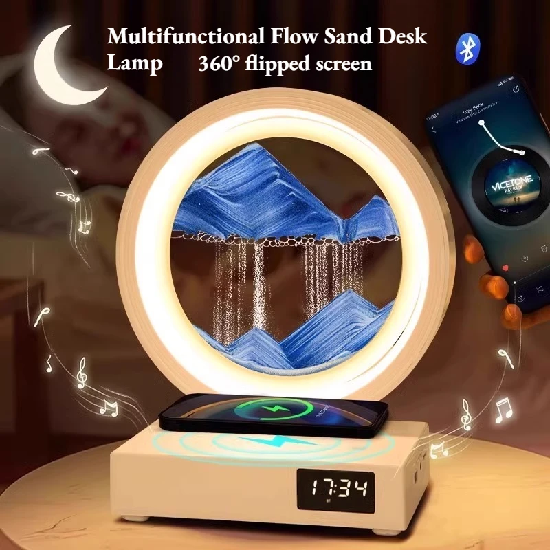 Multifunctional Flow Sand Painting Clock Luminous Sculpture Creative Wireless Charging Bluetooth Decorative Item Home Decor