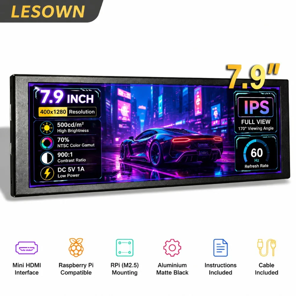 LESOWN 7.9 Inch Racing Simulator Dash Screen 400x1280 Stretched Sub Monitor miniHDTV 500nits for Windows Gaming Desktop