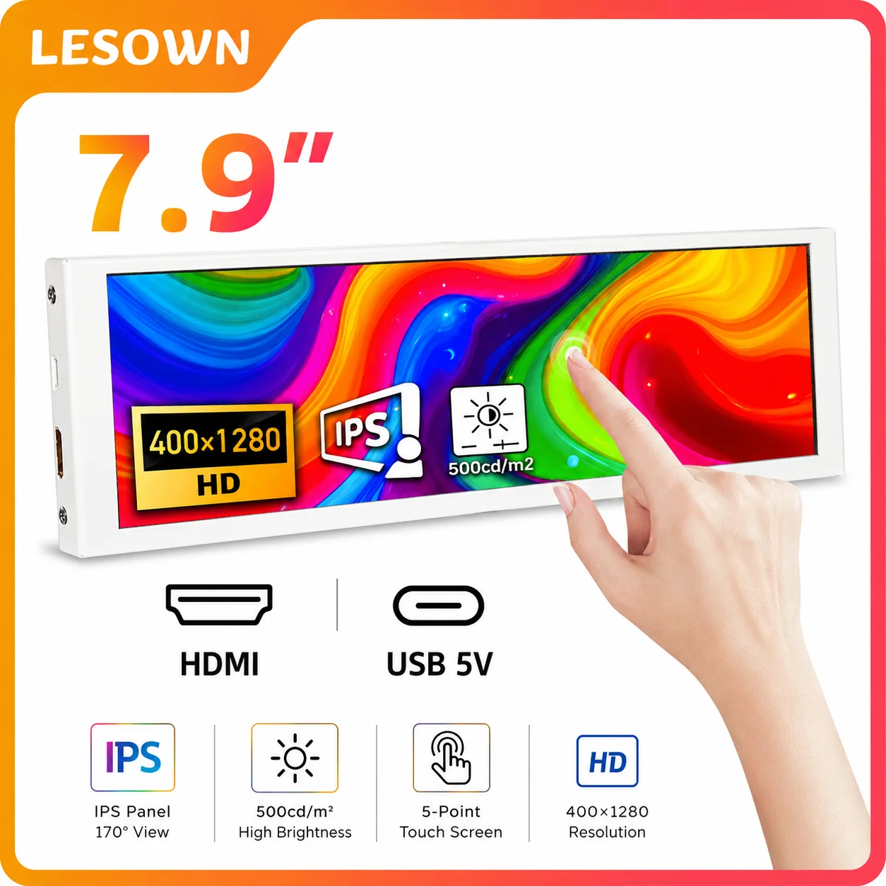 LESOWN Driver-free 400x1280 Display White 7.9 inch miniHDTV Computer Temp Monitor Sub-screen PC  Touch Panel