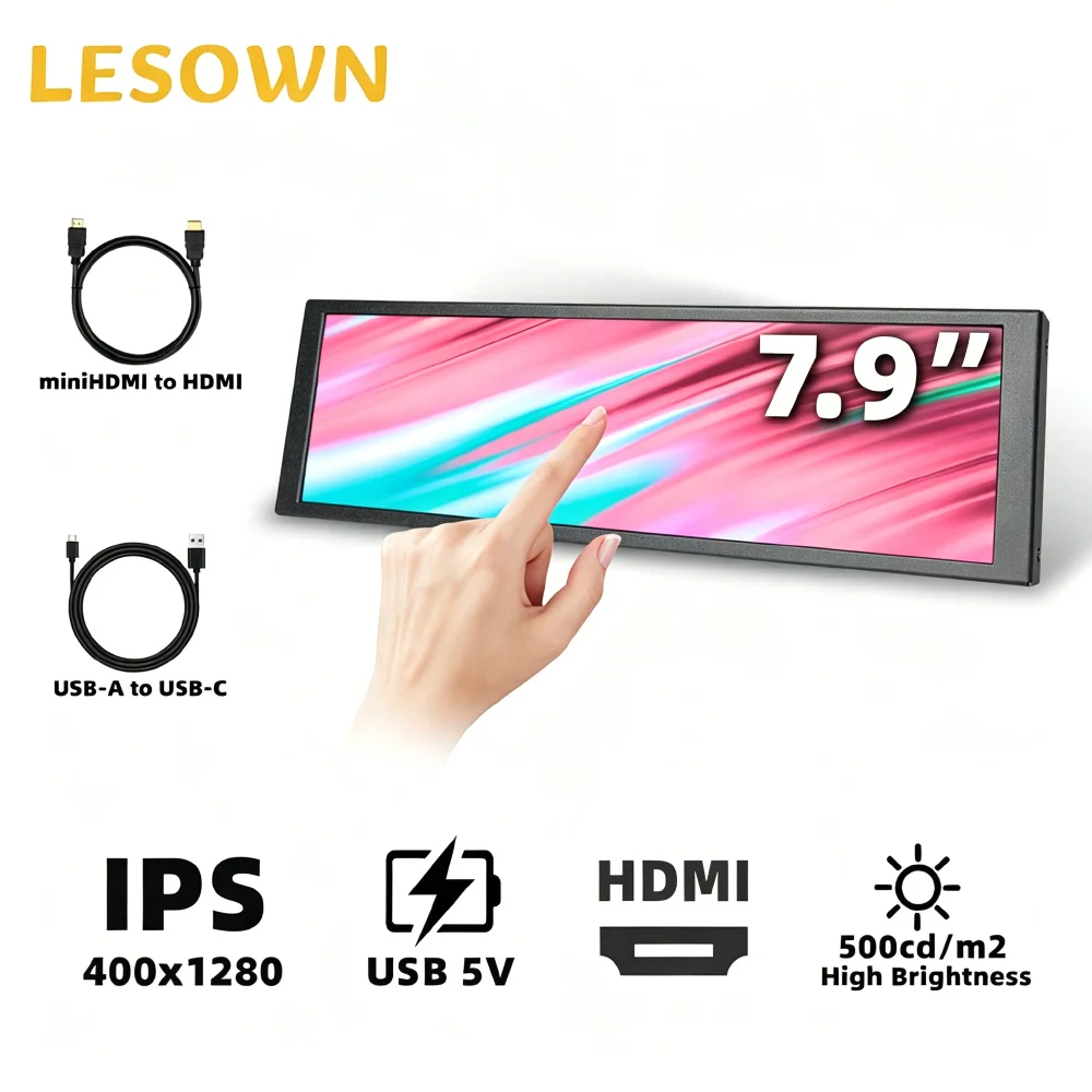 LESOWN 7.9 Inch External Simulator Monitor 400x1280 Ultrawide Display miniHDTV Aluminum Sub Screen for PC Racing Wheel