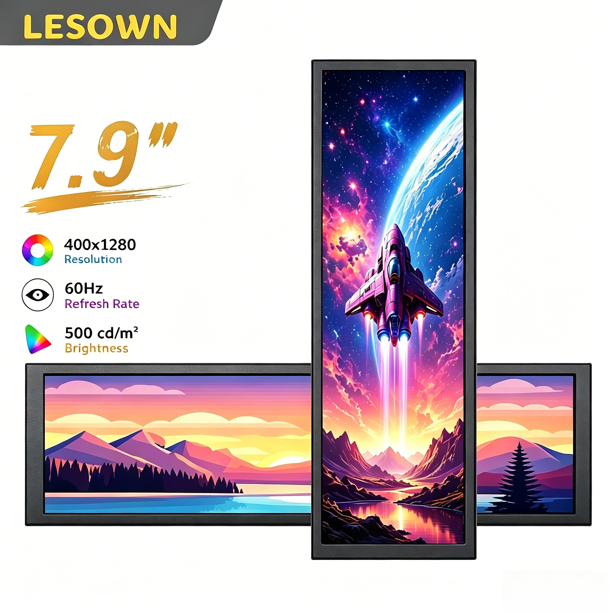LESOWN 7.9 Inch Internal PC Case Monitor 400x1280 Ultrawide Display MiniHDTV Aluminum Sub Screen for ITX ATX Motherboard