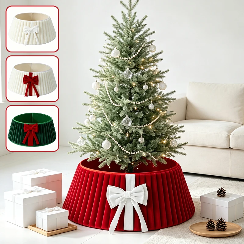 New Plush Christmas Tree Collar with Bow Foldable Velvet Tree Ring Base Cover Xmas Holiday Home Decor for Christmas Tree Stand