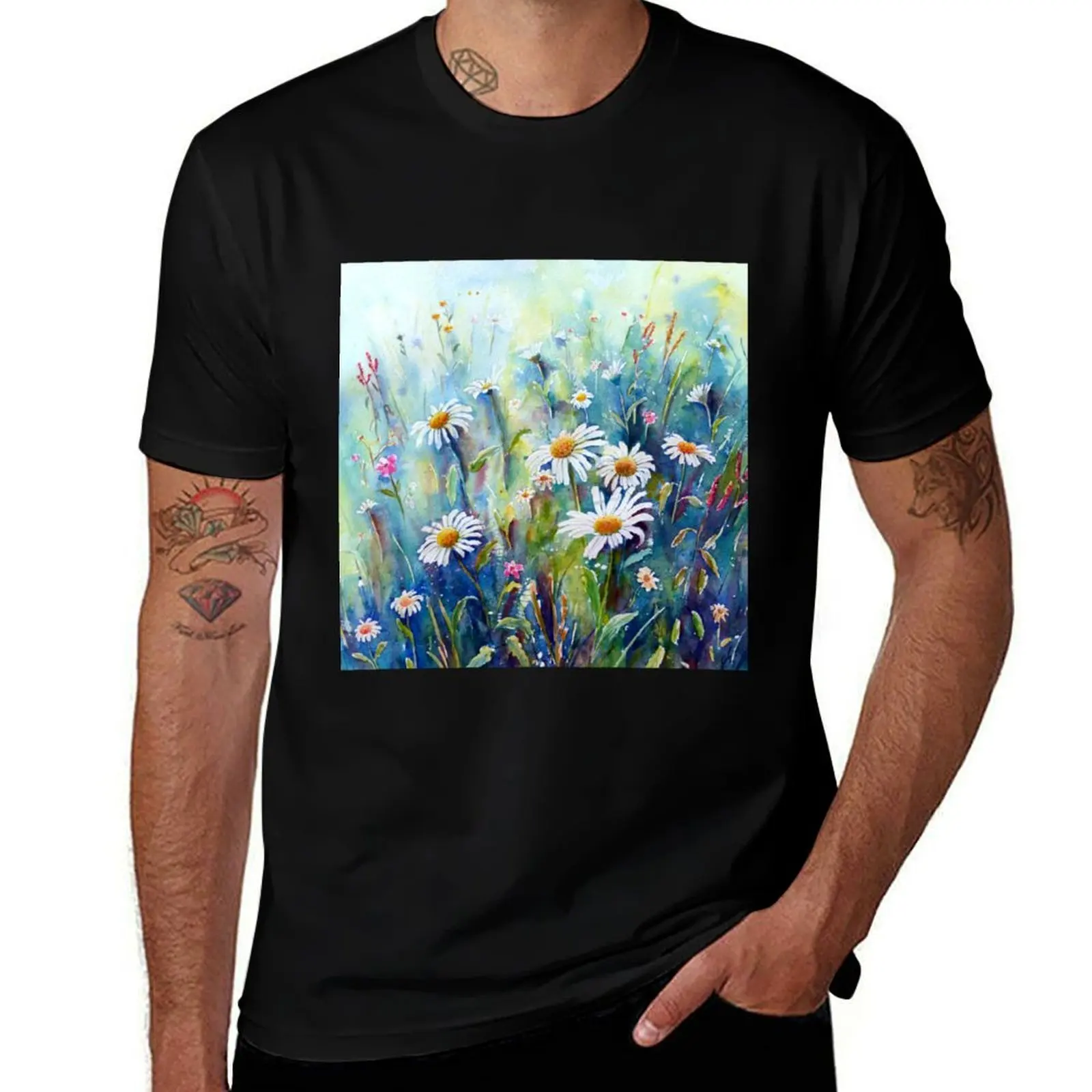 Watercolour Painting of Daisy Field T-Shirt All Weather Casual Short Sleeve T-Shirt