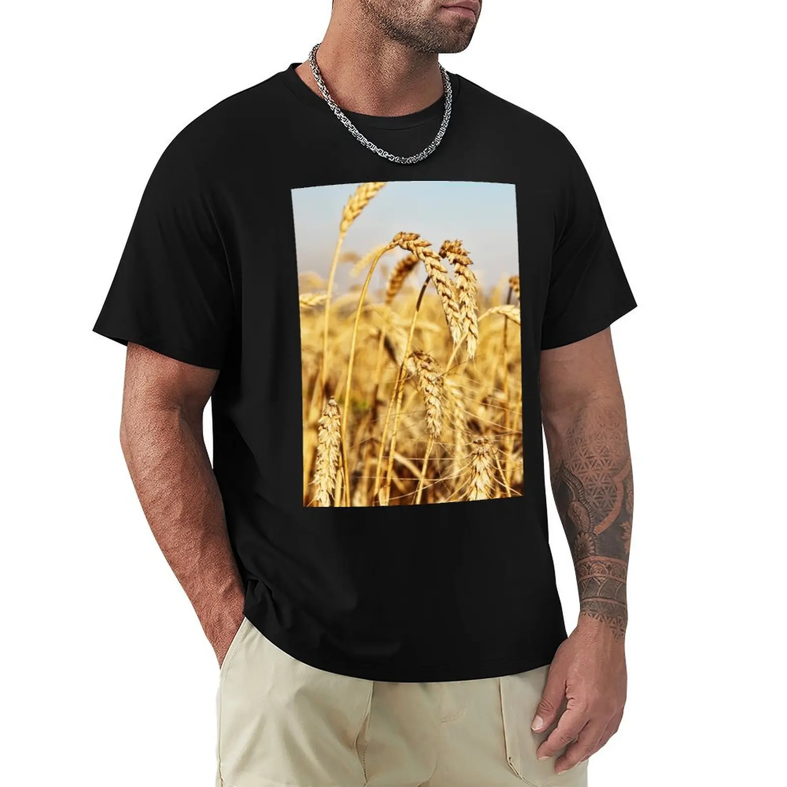 Ripe wheat ears on field. T-Shirt All Match Print Short Sleeve Top