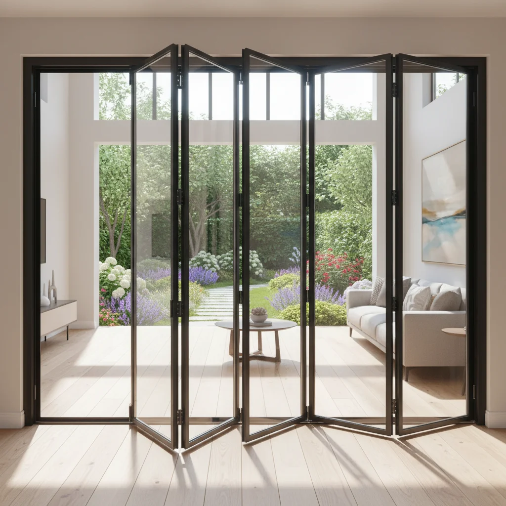 UV Protective Living Room Accordion Folding Door Narrow Aluminum Frame Tempered Glass Folding Doors Rainproof Stacking Doors