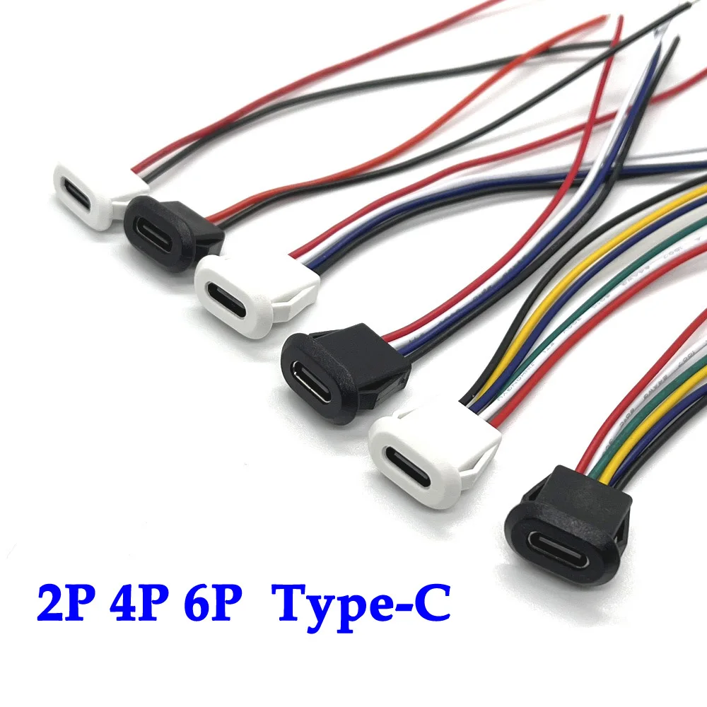 2 4 6 Pin USB-C Type Waterproof USB Connector Direct Compression Female Base Female Socket Charging Interface With Welding Wire