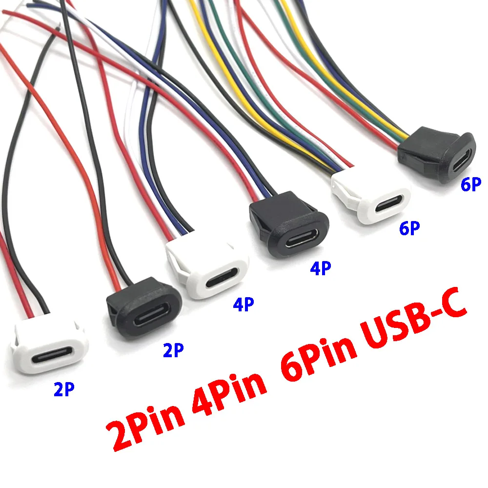 1pcs USB-C Type 6Pin Waterproof USB Connector Direct Compression Female Base Female Socket Charging Interface With Welding Wire