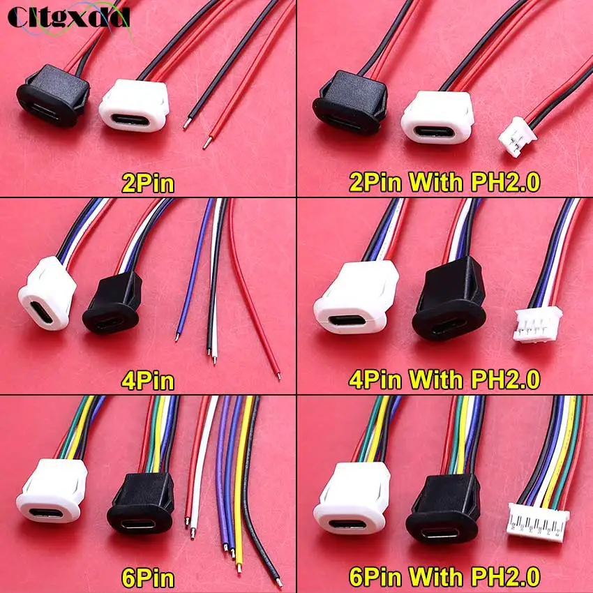 1-10pcs 2Pin 4Pin 6Pin USB Type C Connector Charging Port W/ Wire PH2.0 Direct Compression Waterproof Type-C Female Socket