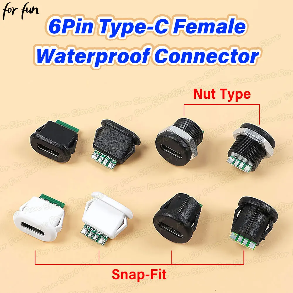 For Fun 2/5/10PCS Type-C 6Pin Female Waterproof Connector USB-C Direct Compression Female Socket Fast Charging Jack Interface