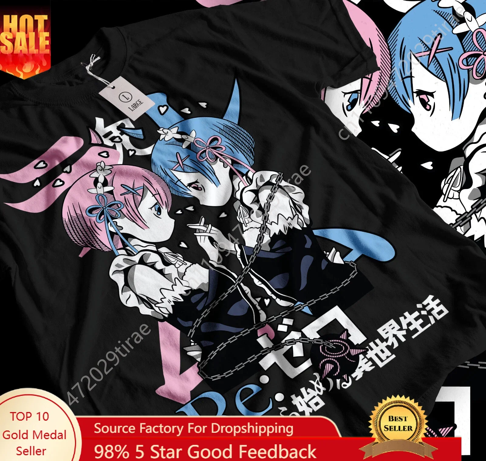Rem Re Zero T-shirt Cute Re Zero Ram Kawaii Shirt Men's and Women's Summer Pure Cotton Comfortable Loose Fashion Top