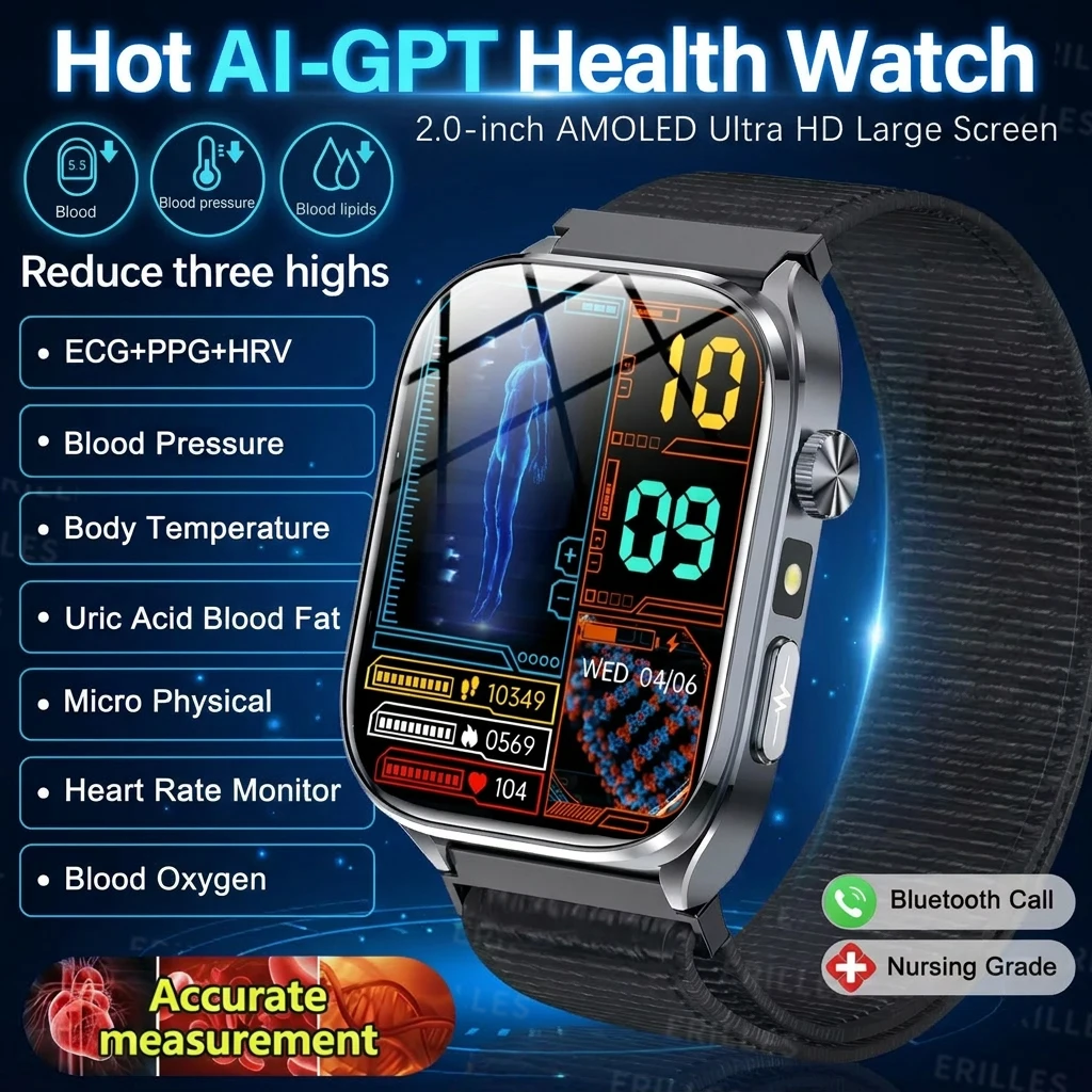 2026 Latest Al-GPT Health Smart Watch ECG+PPG Uric Acid Blood Oxygen Blood Pressure Body Fat IP68 Heart Rate Monitor Smartwatch
