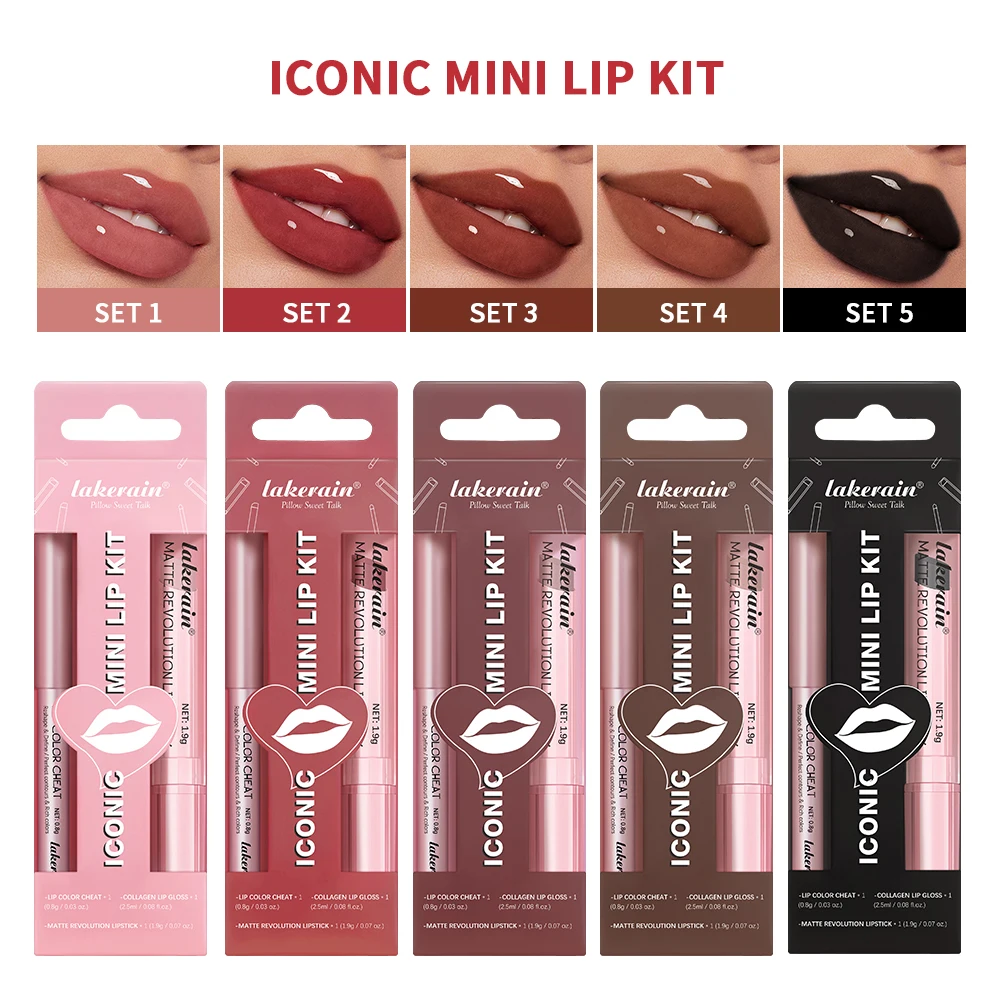 3pcs Lipstick Lipliner Pen Lipgloss Set Highly Pigmented Lip Liner And Butter Non-stick Cup Lip Gloss Waterproof Lip Gloss
