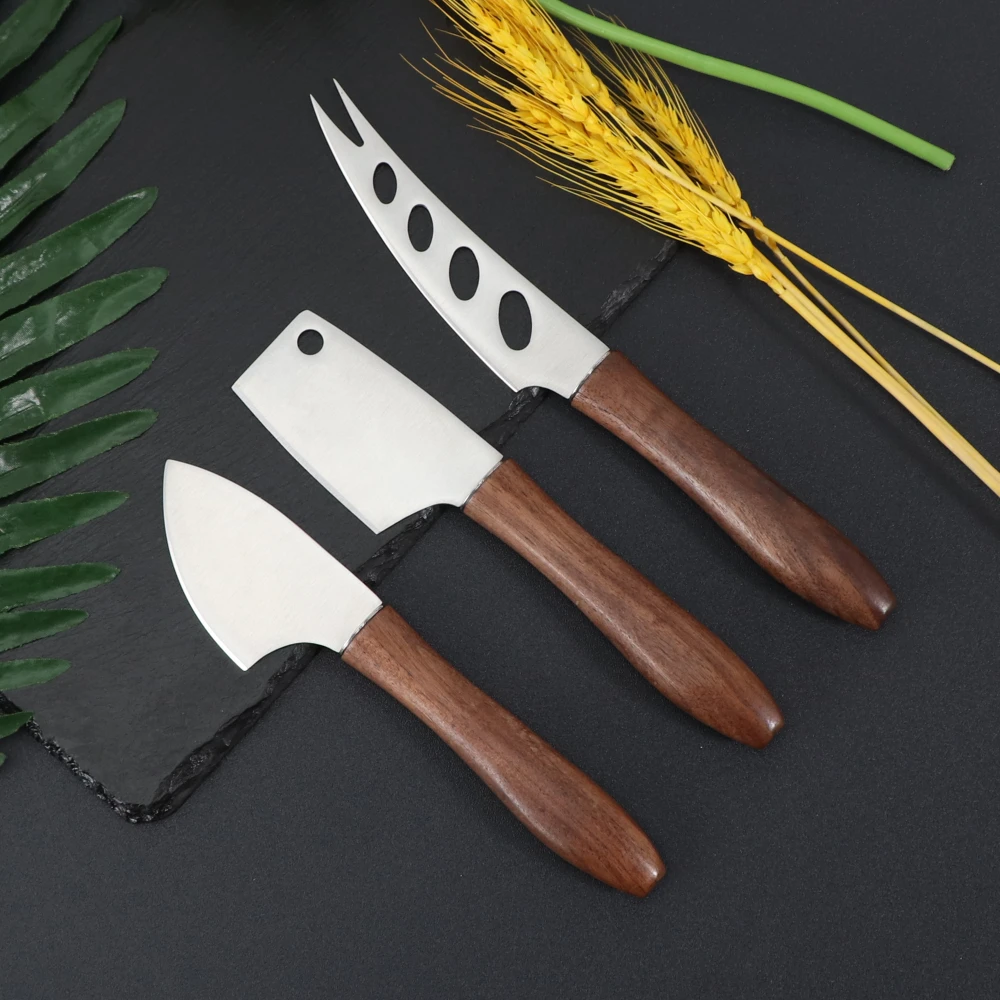 Gold/Silver Cheese Butter Spreader Knife Set Pronged Knives Stainless Steel with Walnut Wood Handle High-end Cheese Cleaver