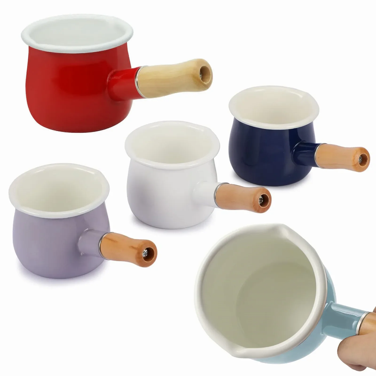 Enamel Milk Pot Small Saucepan Milk Pot Butter Warmer with Wooden Handle Baby Food Pot 2 Pour Spouts for Sauces Chocolate Milk