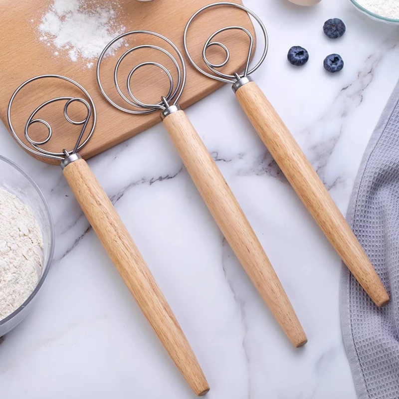 Zackoo Wooden Handle Kneading Doutch Dough Whisk 304 Stainless Steel Coil Flour Mixer Cream Butter Batter Stirring Stick Tools