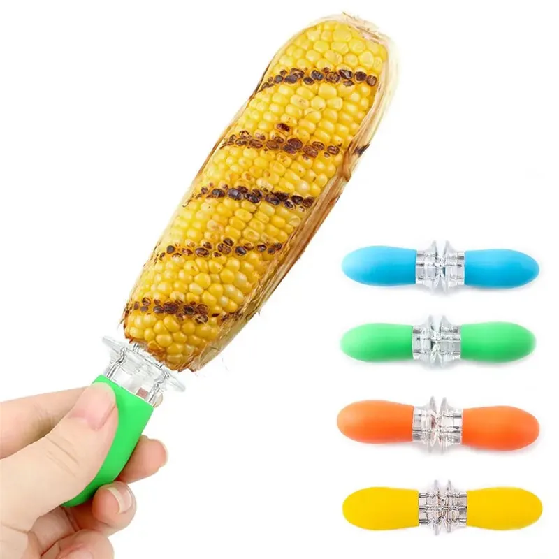 1 pair Stainless Steel Corn Cob Holders with Silicone Handle & Convenient Butter Spreading Tool