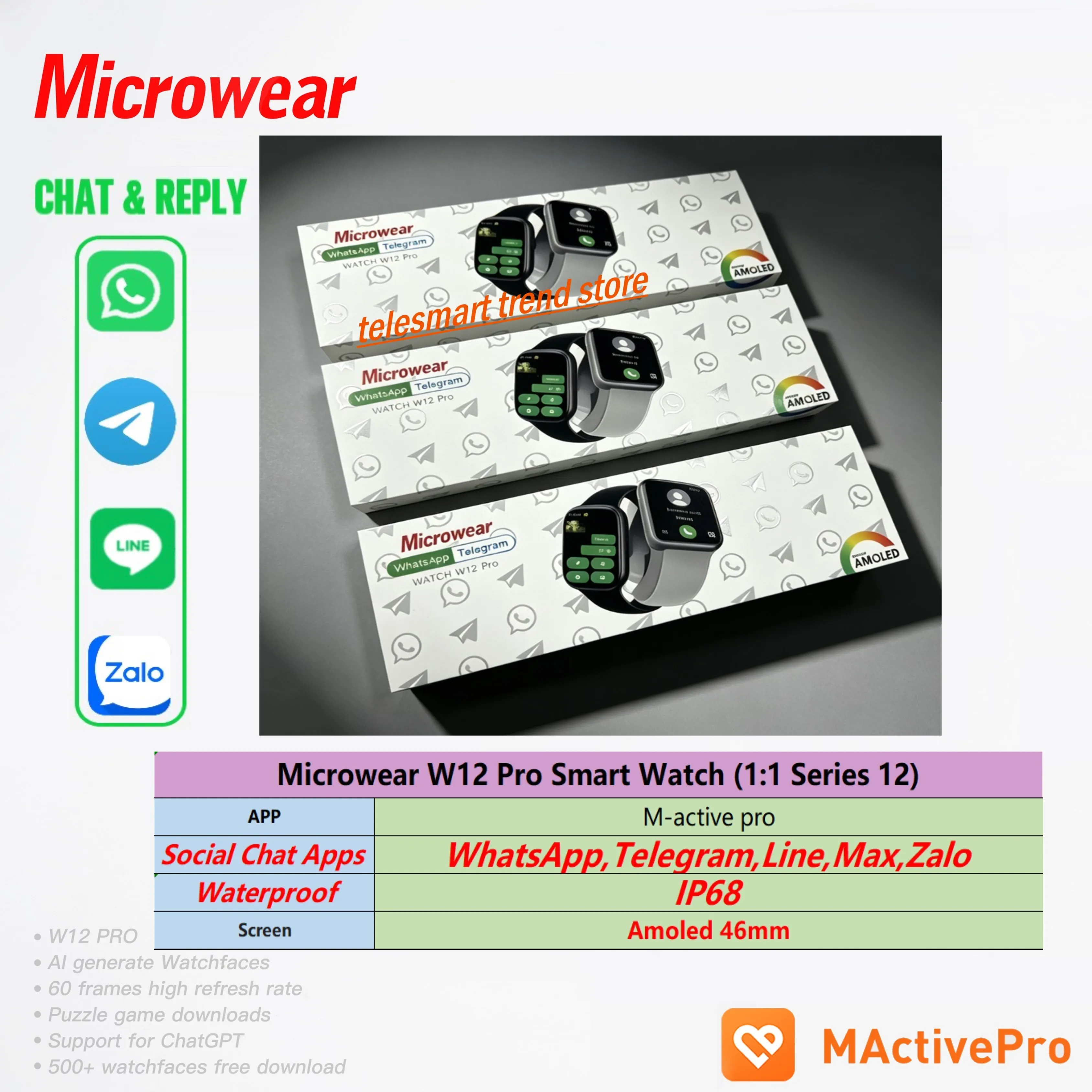 Latest W12 Pro Smart Watch S12 S Series 12 11 10 Microwear W12pro 46mmUpgraded from W11 Pro Smartwatch Replies WhatsApp Chat
