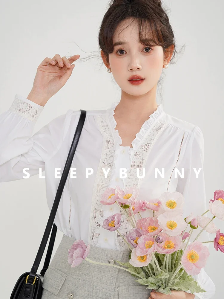Women V-Neck Ruffle Edge Blouse Spring Autumn French Sweet Elegant Slim Fit Lace Panel Lantern Sleeve Top Chic Casual Shirt