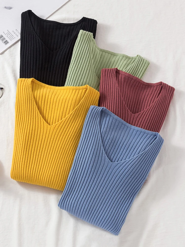 chic casual Autumn Winter Basic Sweater pullovers Women v-neck Solid Knit Slim Pullover female Long Sleeve warm Khaki Sweater