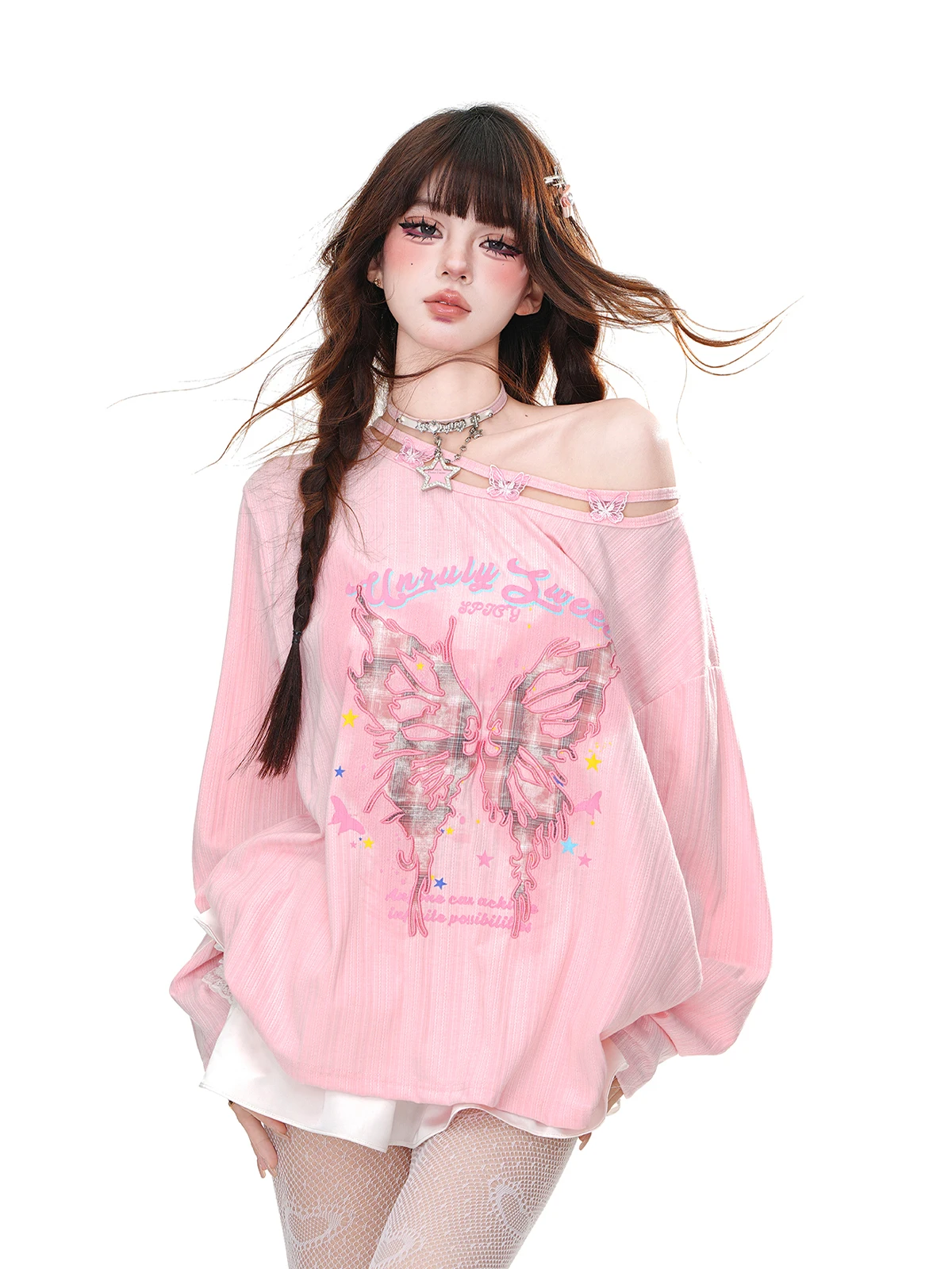 High Quality Hot Selling Wholesale Butterfly Slanted Shoulder Sweet Embroidered T-shirt Women Loose Long Sleeved Slimming Top